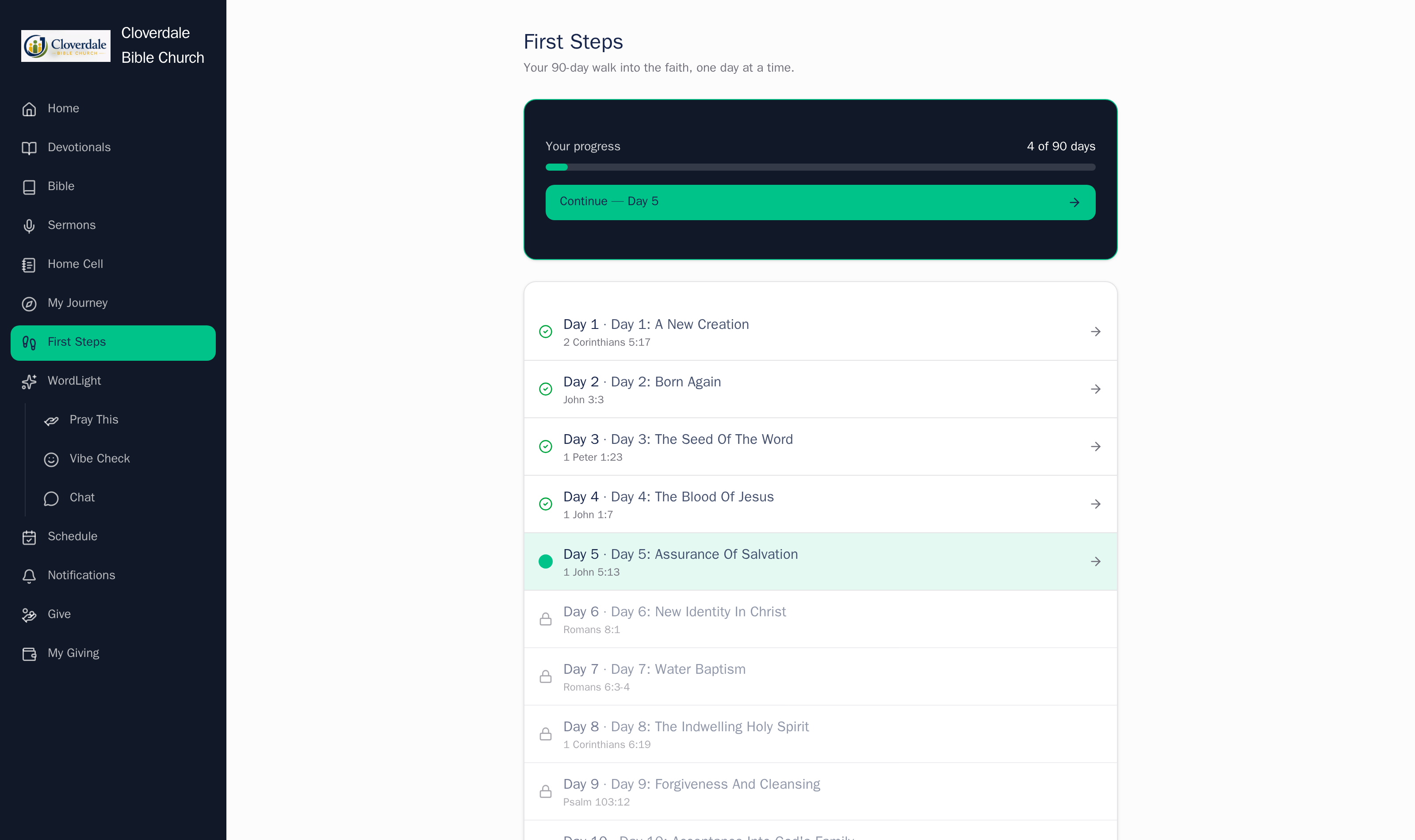 A member's First Steps track in J, showing progress through the 90-day reading plan with completed, current and upcoming days